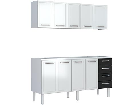 Cozinha em Aço Apolo Flat Modelo 180 e 200 com Quatro Gavetas Cor Branco com Gavetas Pretas