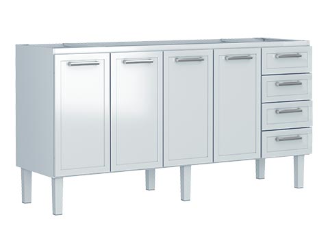 Gabinete de Cozinha em Aço Apolo Flat Modelo 180 e 200 com Quatro Gavetas Cor Branco