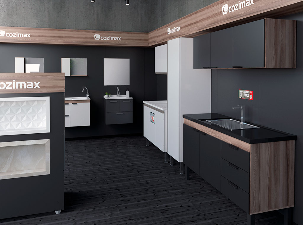 Mix de produtos Cozimax Móveis em exposição na loja de materiais de construção